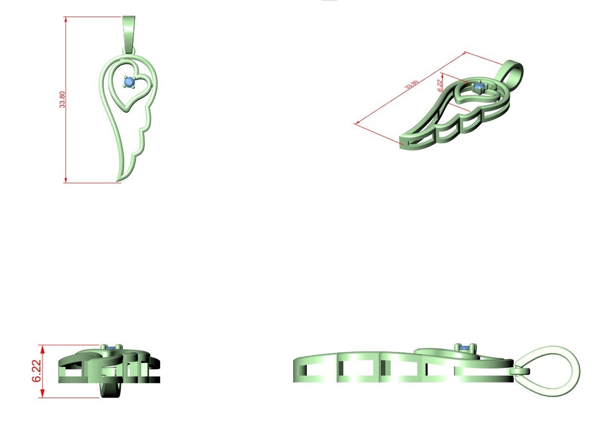 Diamond Heart Wing Pendant CAD File – 3D Printing Ready | 3DM & STL Download