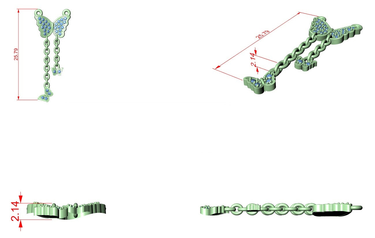 Diamond Butterfly Tassel Pendant CAD File – 3D Printing Ready | 3DM & STL Download