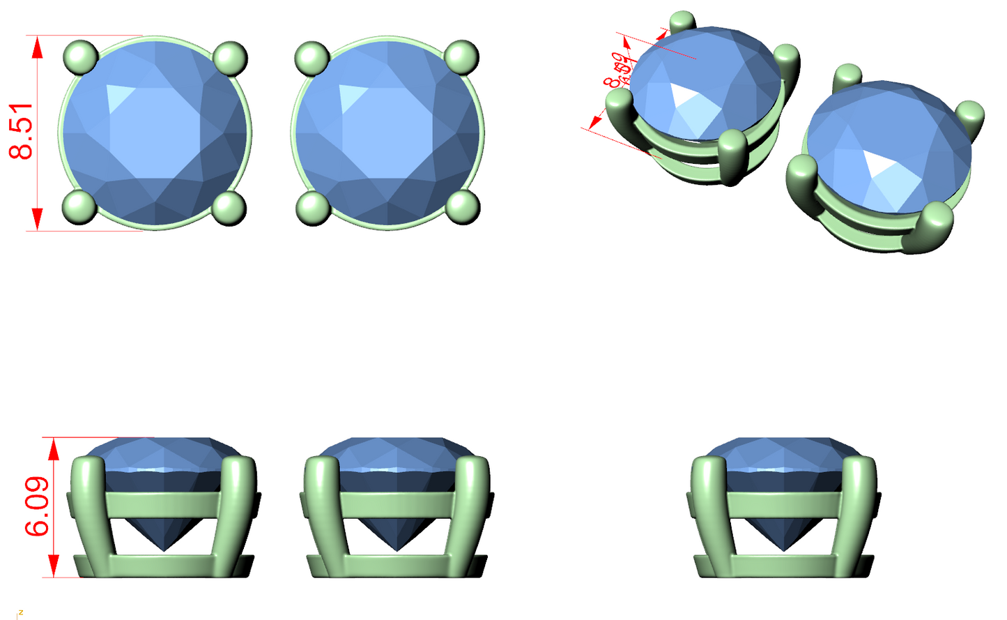 Solitaire Diamond Stud Earrings CAD Files – 6 Shape Collection | 3DM & STL Download